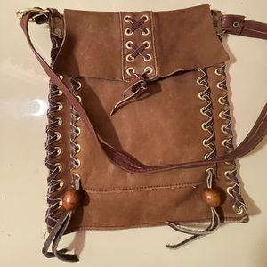 Vintage Suede Small Shoulder Bag with Wood Beads